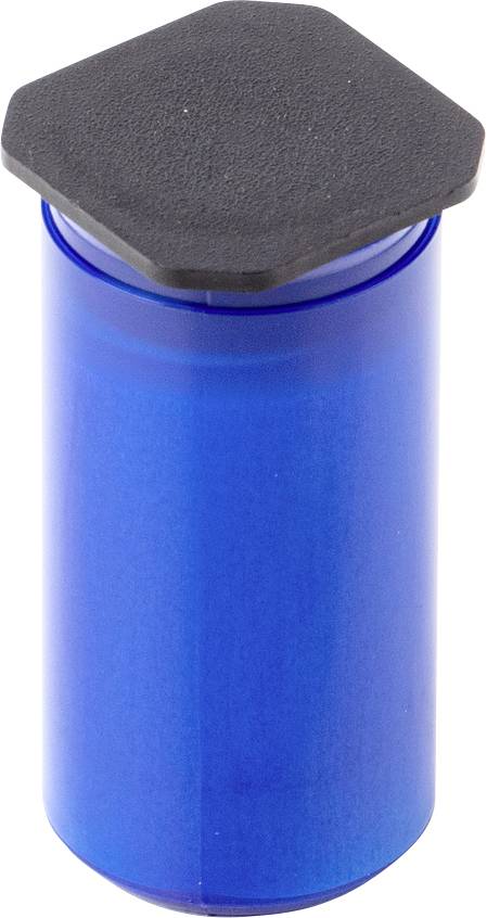 Blauer, zylindrischer Behälter mit schwarzem, sechseckigem Deckel.