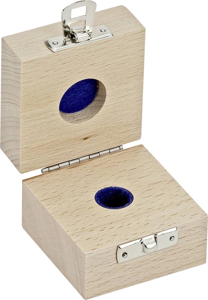 Eine geöffnete Holzbox mit blauem Filzeinsatz und Metallverschluss, geeignet zur sicheren Aufbewahrung kleinerer Gegenstände.