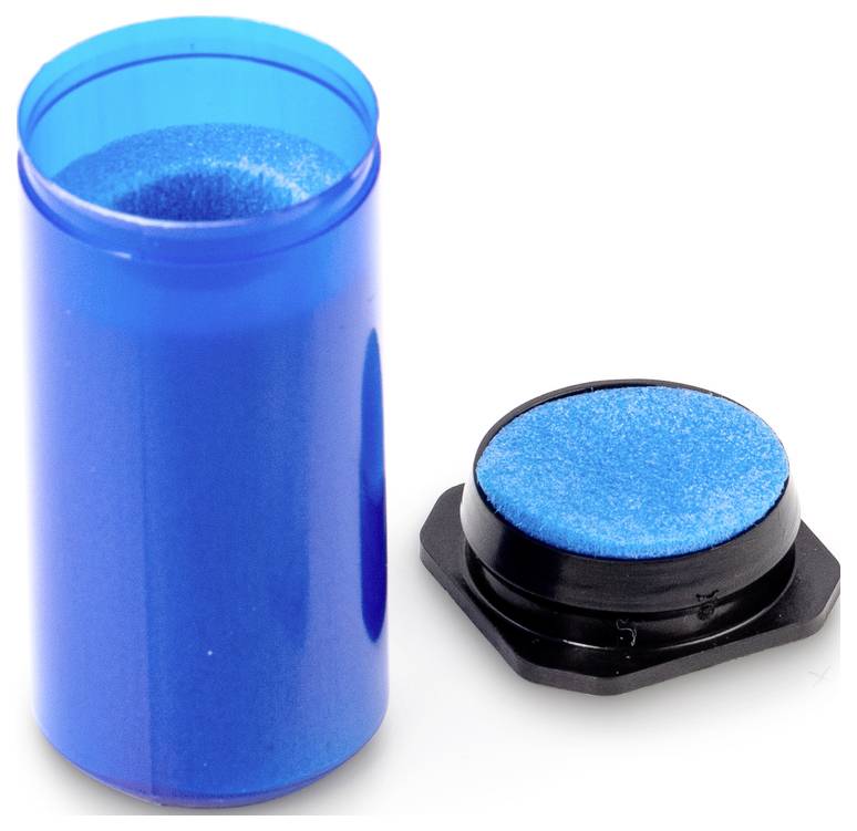 'Blauer Färbestempel' mit rundem Stempelkissen neben einem blauen, zylindrischen Behälter, geöffnet und mit Schaumstoff.