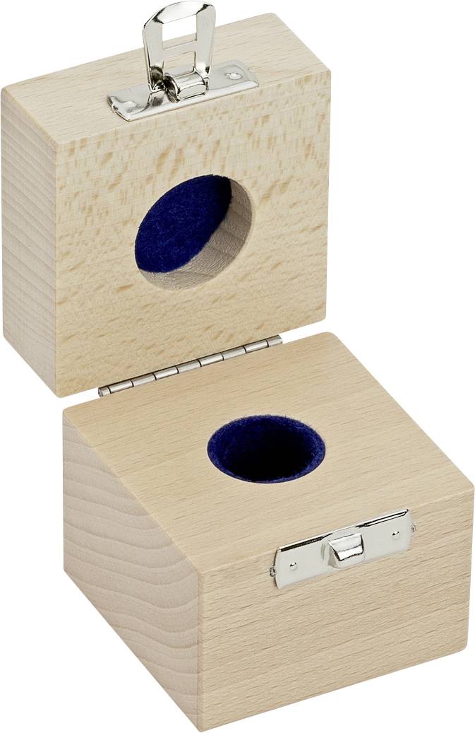 Holzkiste mit Scharnierdeckel, offene Oberseite zeigt kreisförmigen, mit blauem Filz ausgekleideten Hohlraum und Metallverschluss.