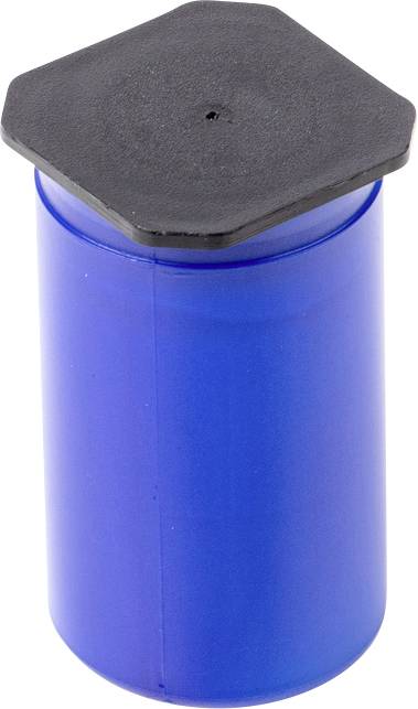 Ein blauer zylindrischer Behälter mit einem schwarzen sechseckigen Deckel, möglicherweise für die Aufbewahrung von kleinen Gegenständen.