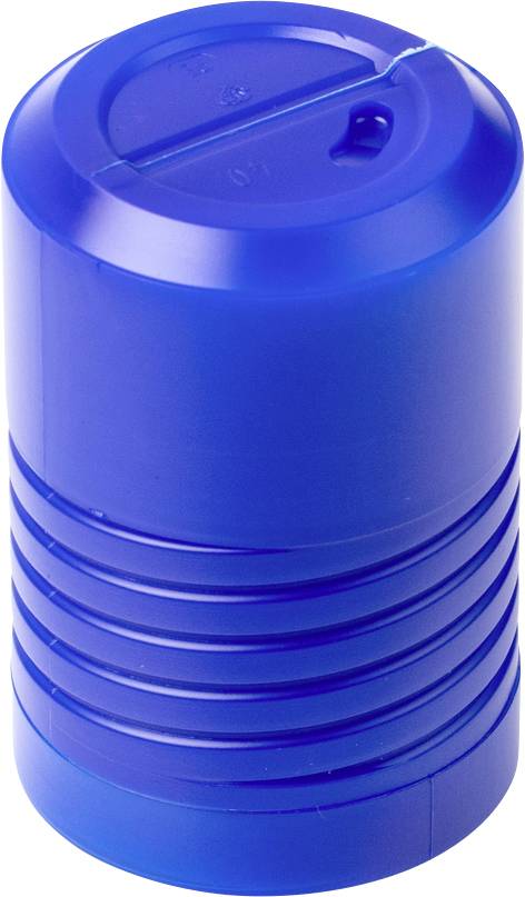 Ein blauer, zylindrischer Kunststoffdeckel mit gerippten Seiten und einer runden Oberseite.