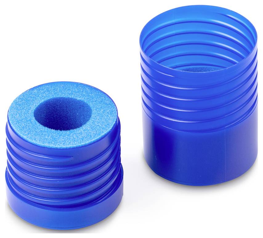 Zwei blaue zylindrische Behälter, einer mit einem Schaumstoff-Einsatz, auf weißem Hintergrund.