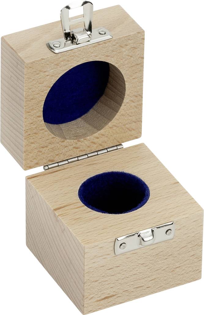 Holzbox mit blauem Filz ausgekleidetem Innenraum und Metallverschluss, offen dargestellt.