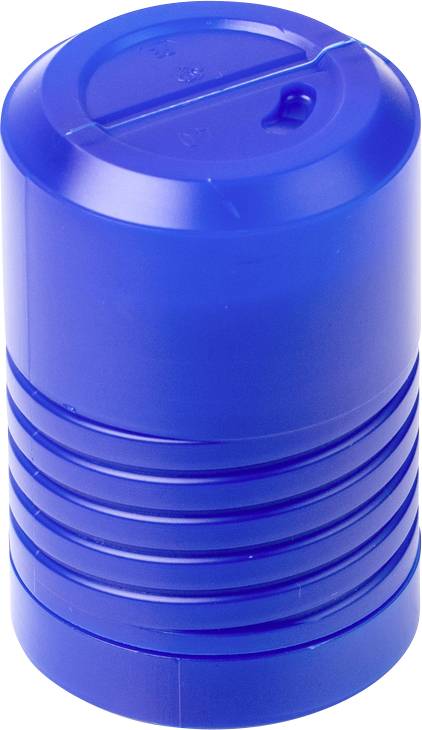 Blauer, zylindrischer Verschluss mit mehreren horizontalen Rillen in der Mitte, möglicherweise ein Deckel für einen Behälter.
