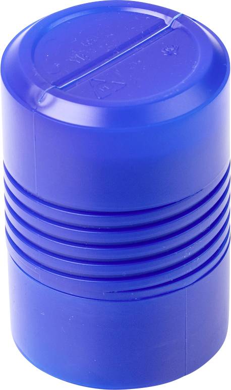 Ein blauer Plastikzylinder mit gerilltem Mittelteil, möglicherweise eine Verschlusskapsel oder Behälterdeckel.