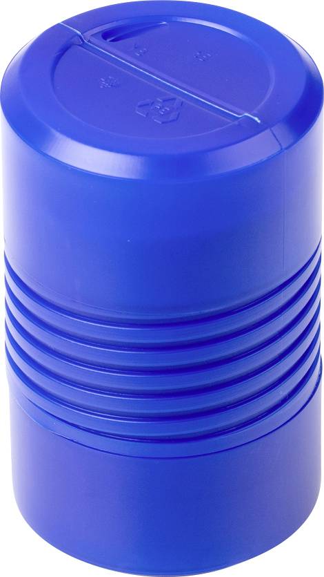 Blauer Kunststoffbehälter mit gerippter Mitte und versiegeltem Deckel, zur Aufbewahrung oder Transport von Material oder Flüssigkeiten geeignet.
