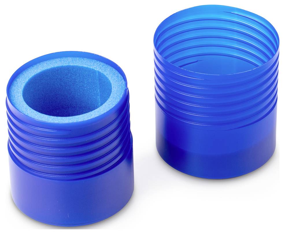 Zwei blaue Kunststoffverschlüsse, einer mit Schaumstoffeinlage. Eignen sich zum dichten Verschließen von Behältern.