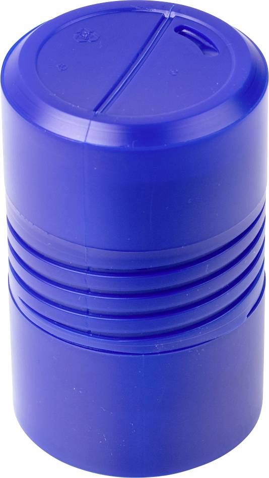 Ein blauer, zylindrischer Behälter mit gerilltem Mittelteil und abnehmbarer Kappe.