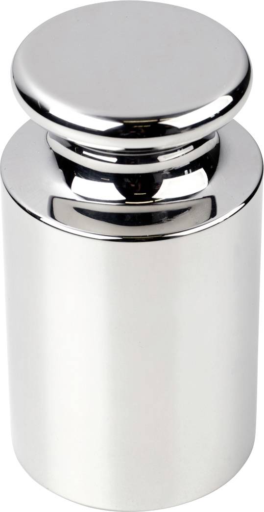Ein silbernes Gewicht aus Metall, zylindrische Form, mit glatter, glänzender Oberfläche, verwendet für Präzisionsmessungen.