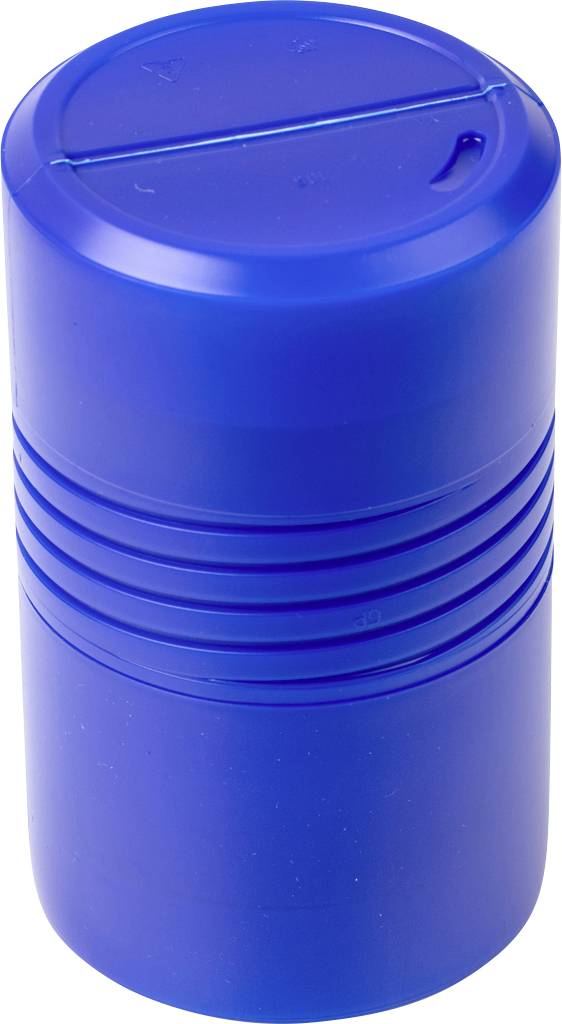 Blauer zylindrischer Behälter mit Rippenstruktur in der Mitte; vermutlich ein wiederverwendbarer Flaschenverschluss oder Becherdeckel.