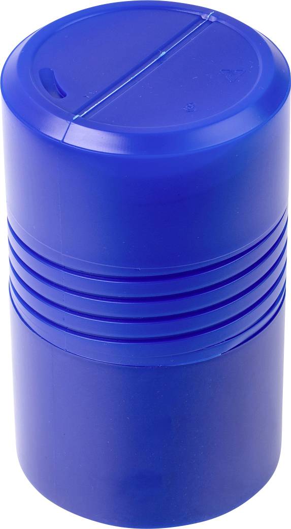 Blauer, zylindrischer Behälter mit Rillen in der Mitte.