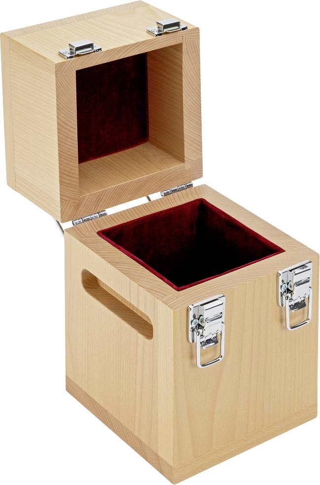 Holzkiste mit Scharnieren und Metallverschlüssen, Schaumstoff gepolstert, geöffneter Deckel.