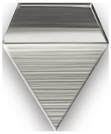 Eine dreidimensionale, metallisch aussehende Rautenform mit horizontalen Linien.