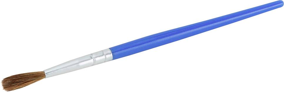 Ein blauer Malpinsel mit silberner Ferrule und brauner Borste, liegt auf weißem Hintergrund.