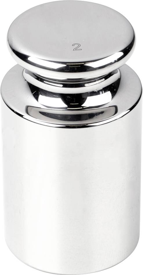 Metallisches Gewicht mit der Aufschrift '2'. Hochglanzpoliert, zylindrische Form mit abgerundetem Knopf oben.
