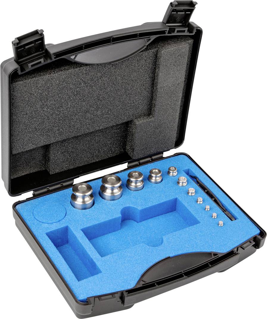 Schwarzer Koffer mit blauem Schaumstoff-Inlay, enthält Edelstahlgewichte und Zubehörteile, geordnete Anordnung von Werkzeugen.