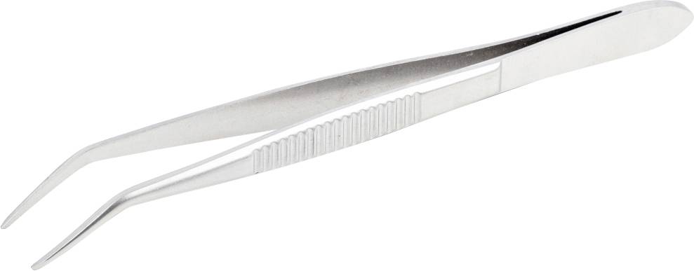 Eine silberne, gebogene Pinzette mit geriffeltem Griff liegt auf einer weißen Oberfläche.