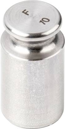 Ein 10-Gramm-Gewicht aus Metall, zylindrisch geformt, mit der Aufschrift '10 g' auf der Oberseite.