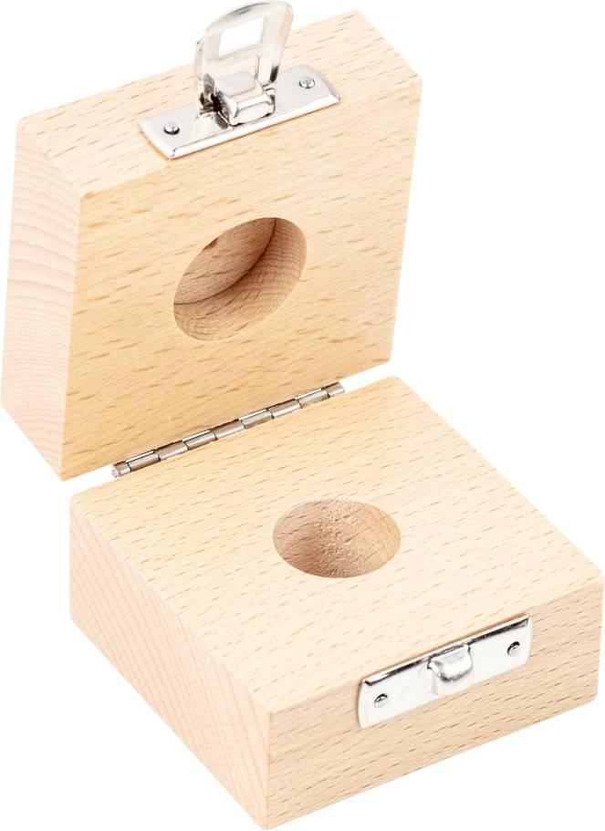 Holzkasten mit Scharnier und Verschluss, offen, zeigt zwei kreisförmige Hohlräume innen.