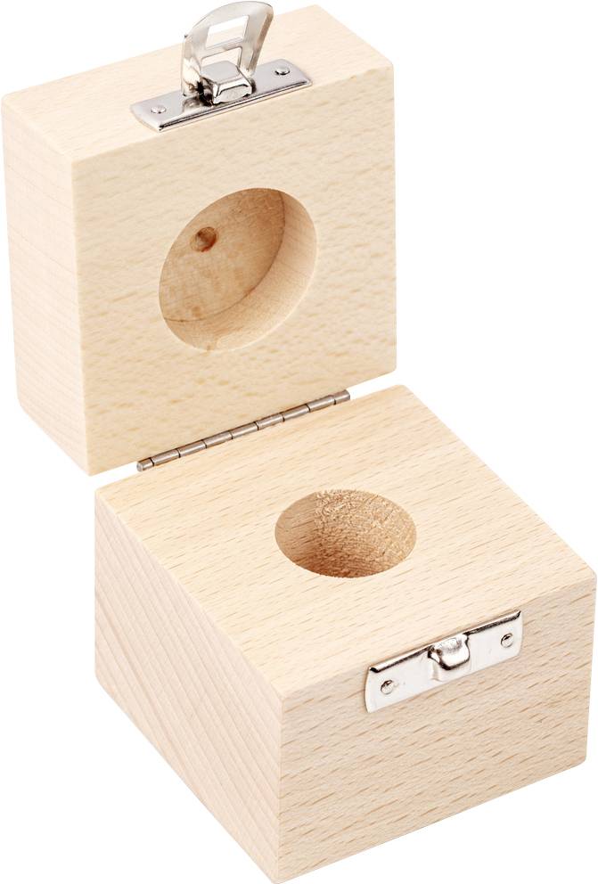 Holzkiste mit Scharnieren geöffnet, zeigt ein rundes Fach im Inneren. Metallschnappverschluss am oberen Deckel.
