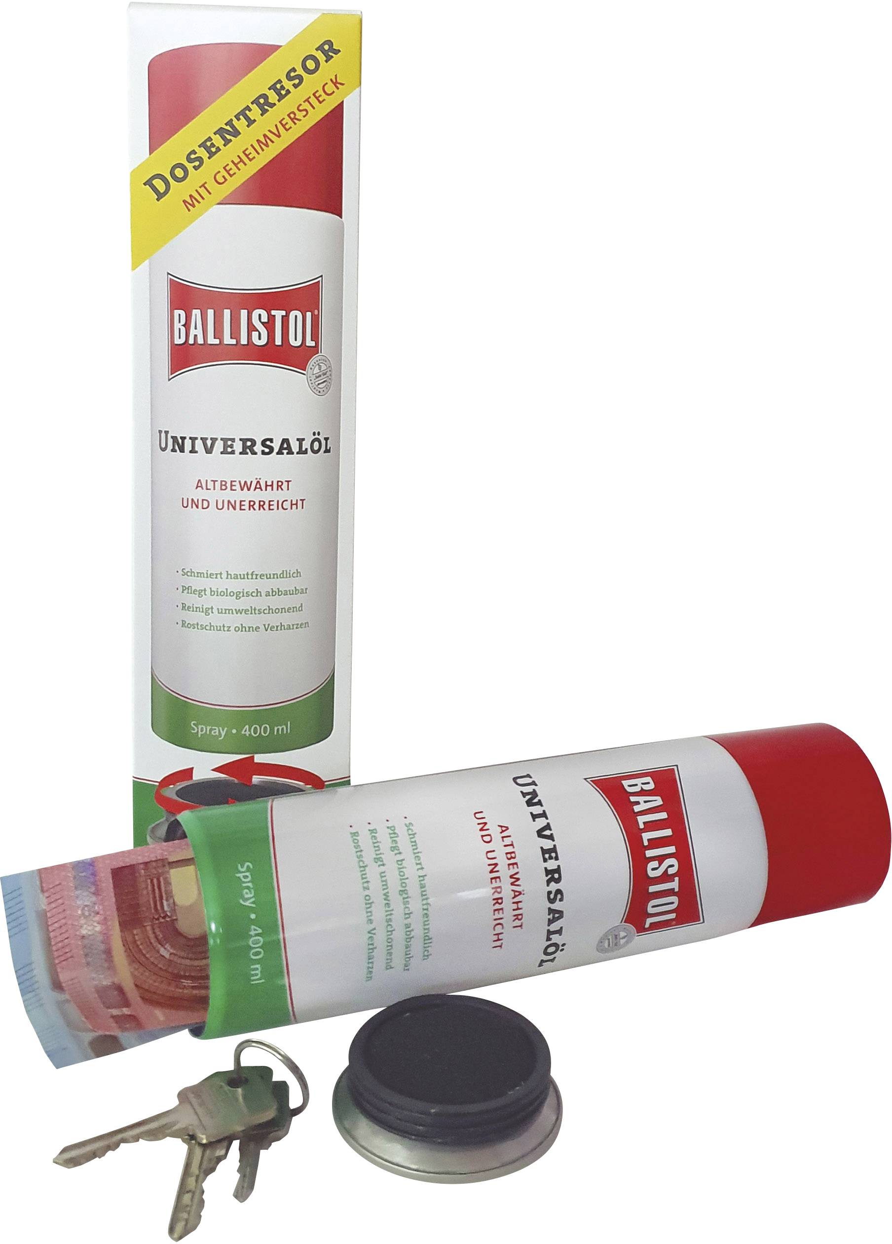 'Ballistol' Dosensafe für Wertsachen, sieht aus wie eine Spraydose. Zwei Schlüssel dienen als Größenvergleich daneben.