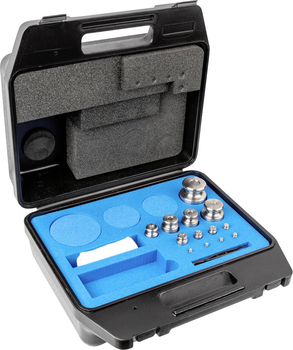 Ein schwarzer Koffer mit blauem Schaumstoffinlay, das mehrere Metallgewichte in verschiedenen Größen hält, geöffnet und zur Ansicht bereit.