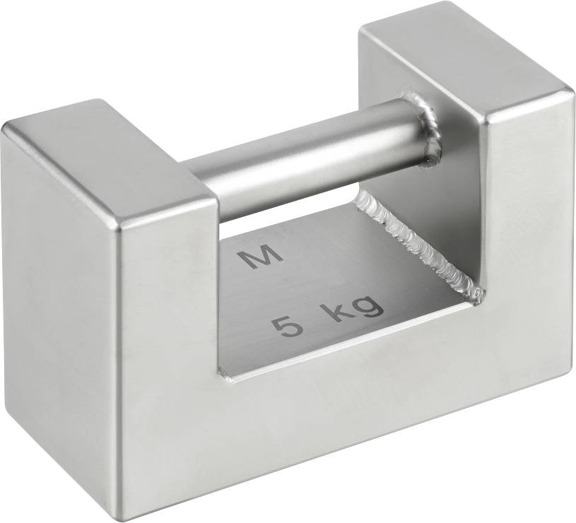 Ein 5 kg Prüfgewicht aus Metall mit quadratischer Form und einem mittigen Griff für Kalibrierungszwecke.