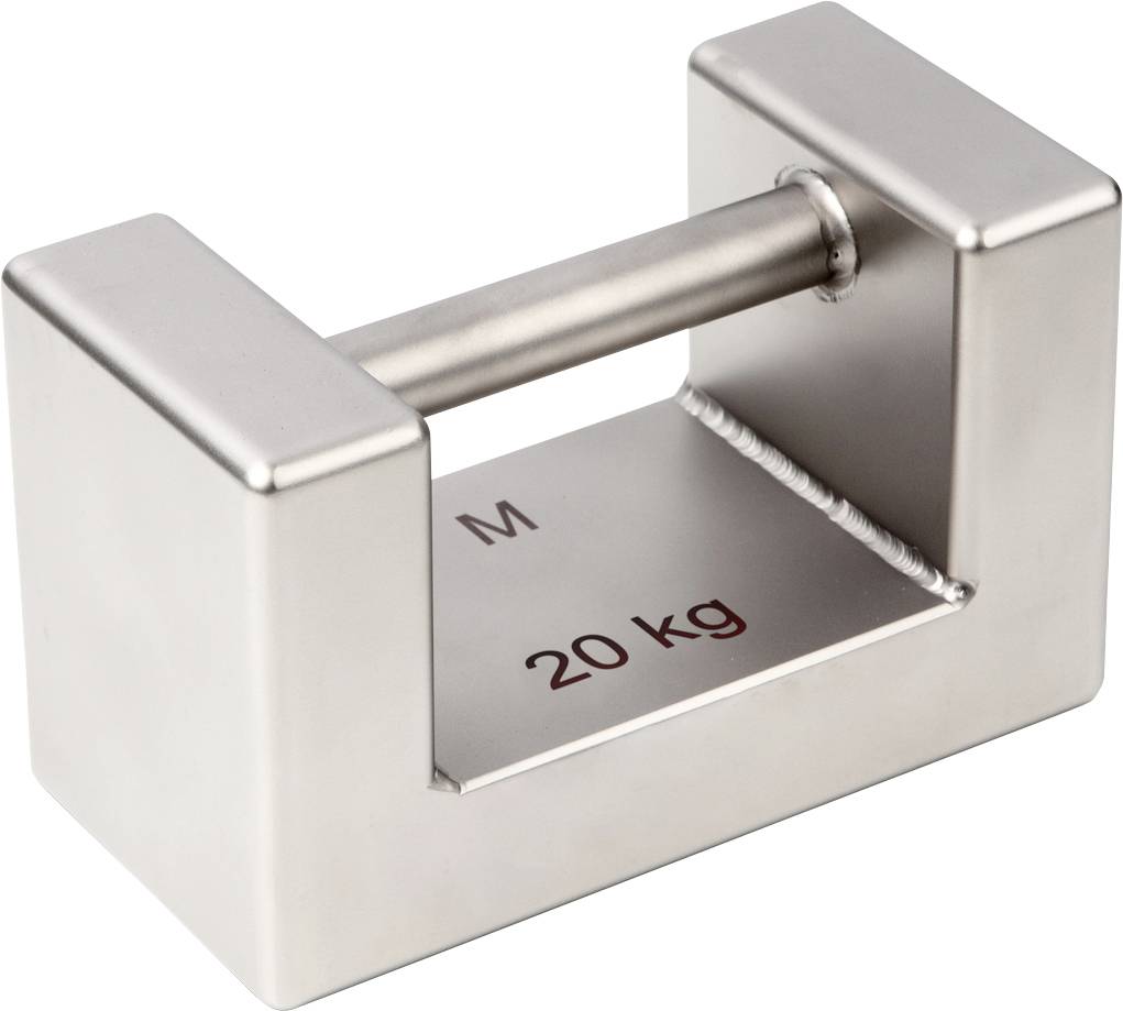 Ein rechteckiges Edelstahlgewicht mit der Aufschrift 'M 20 kg', geeignet für präzise Wägungen oder Prüfzwecke.