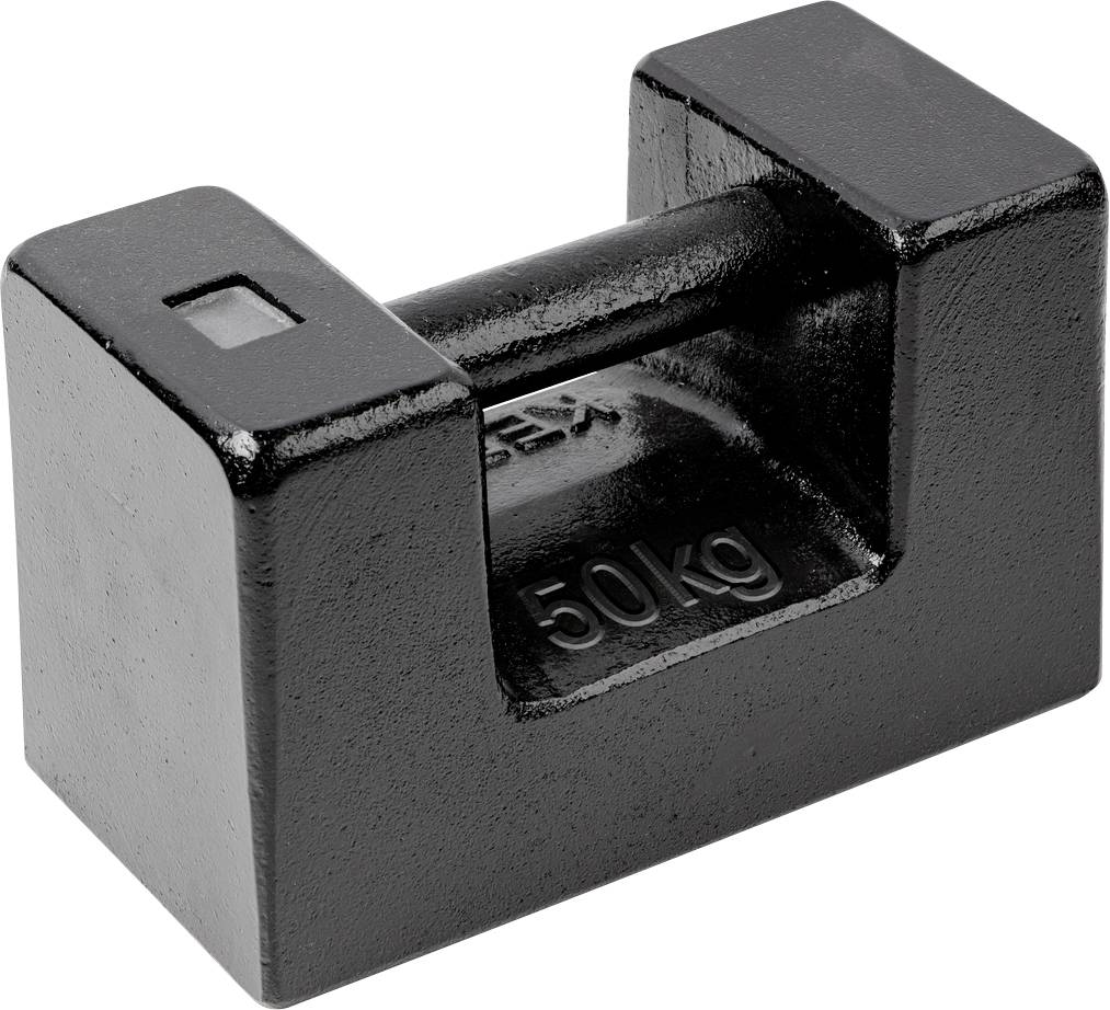 Ein schwarzes Prüfgewicht aus Metall mit der Aufschrift '50 kg' auf der Seite. Es wird für Kalibrierungs- und Testzwecke genutzt.