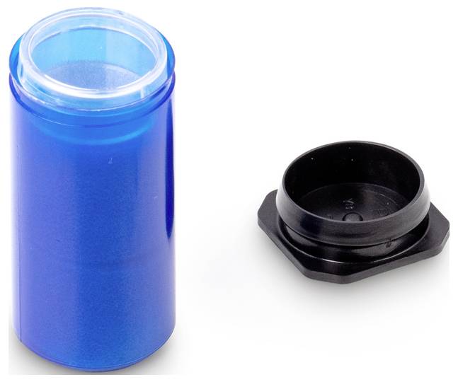 Blauer Kunststoffbehälter mit transparentem Deckel, daneben ein schwarzer, abnehmbarer Deckel. Behälter für kleine Gegenstände.