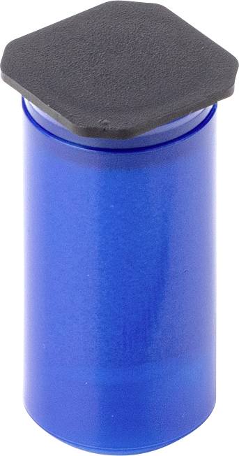 Blauer Zylinder mit schwarzem, sechseckigem Deckel.