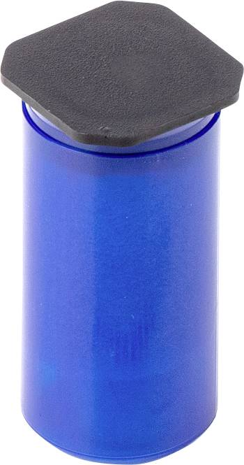 Blauer zylindrischer Behälter mit sechseckigem, schwarzem Deckel.