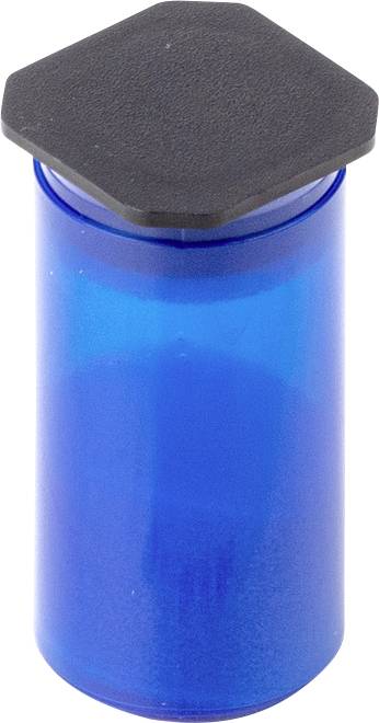 Ein blauer, zylindrischer Behälter mit einem sechseckigen, schwarzen Deckel.
