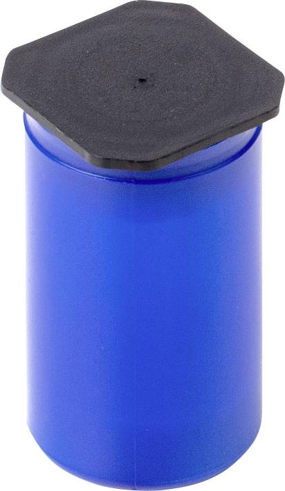Blauer zylindrischer Behälter mit schwarzem, sechseckigem Deckel, verwendet zum Aufbewahren von kleinen Gegenständen oder Flüssigkeiten.