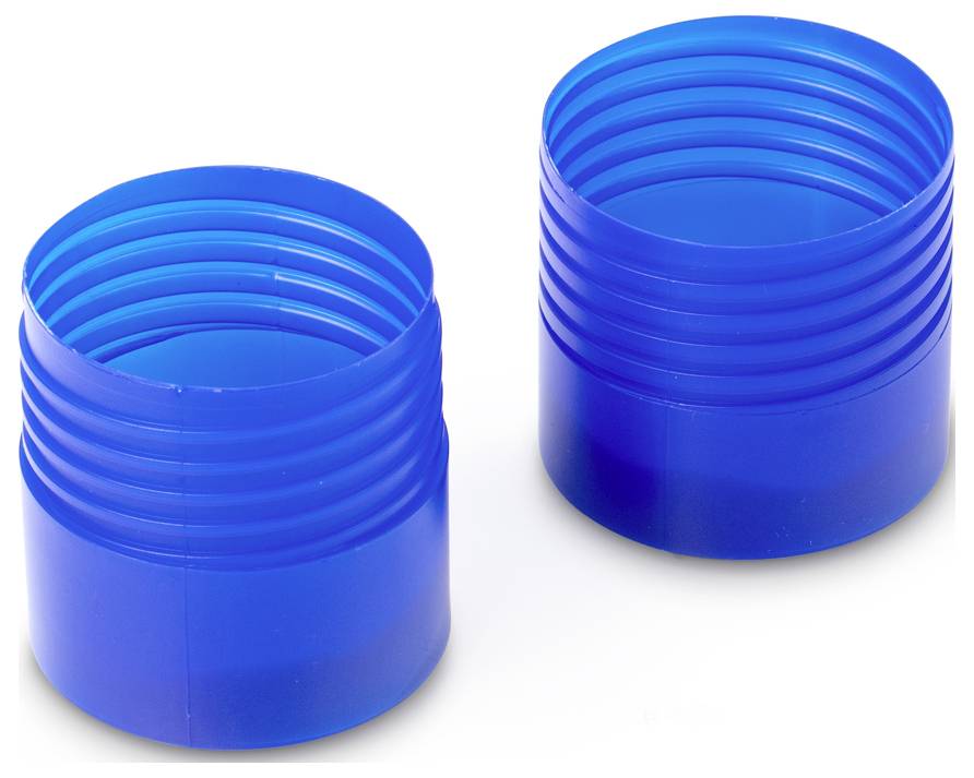 Zwei blaue Plastikverschlüsse stehen nebeneinander auf einer weißen Fläche. Sie sind zylindrisch und haben eine geriffelte Oberfläche.