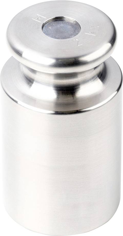 Ein silbernes Metallgewicht, glatt und zylindrisch, mit einem eingelassenen Punkt an der Spitze.