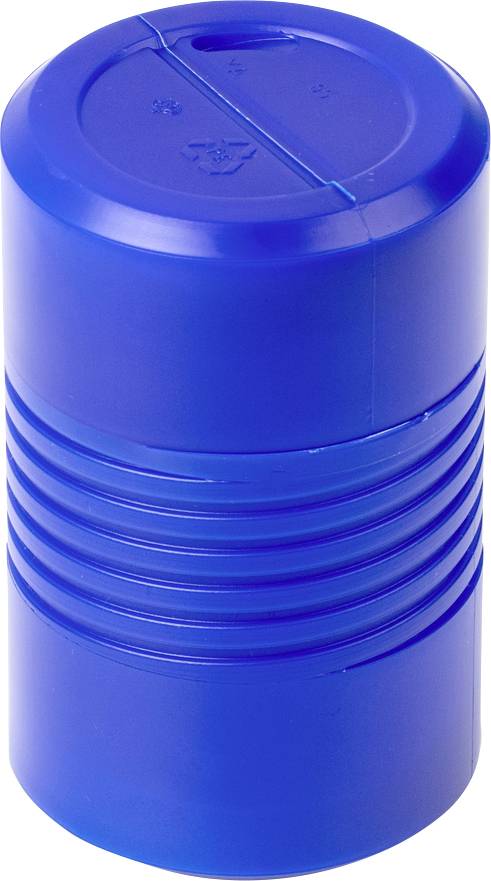 Blauer zylindrischer Behälter mit geripptem Mittelteil.