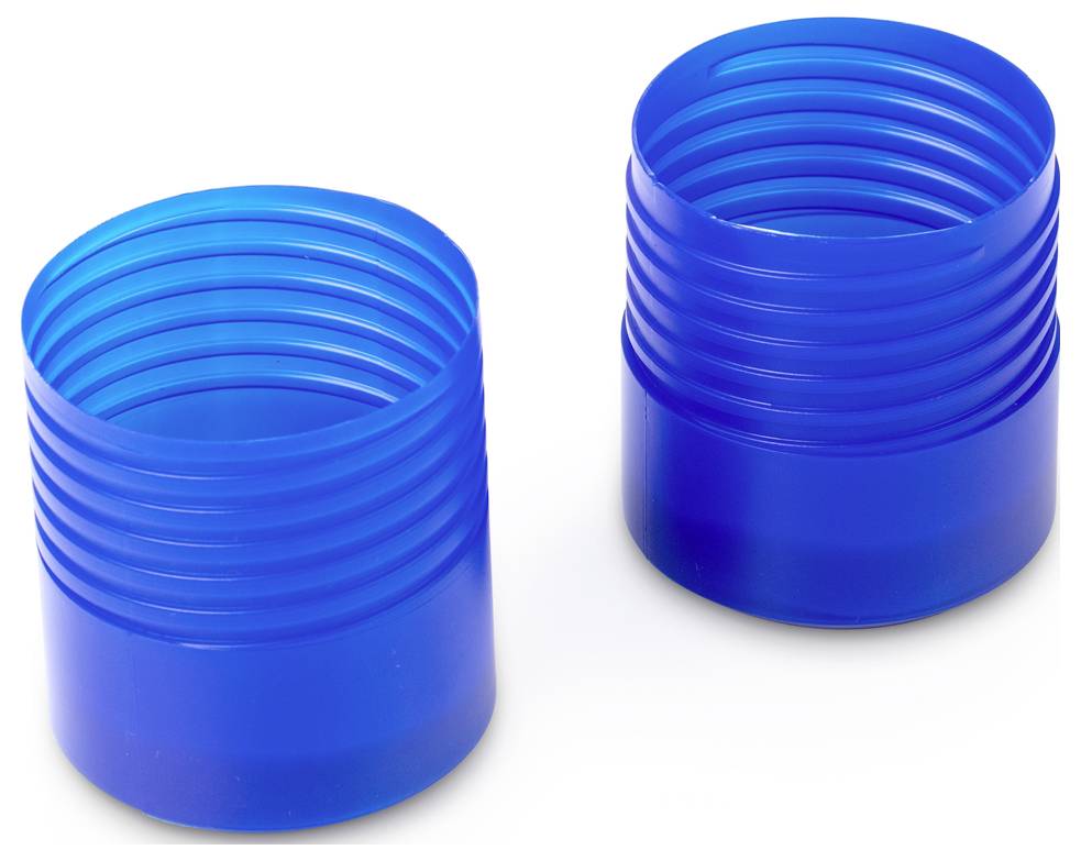 Zwei blaue, zylindrische, gerippte Plastikverschlüsse ohne sichtbare Aufschrift vor weißem Hintergrund.
