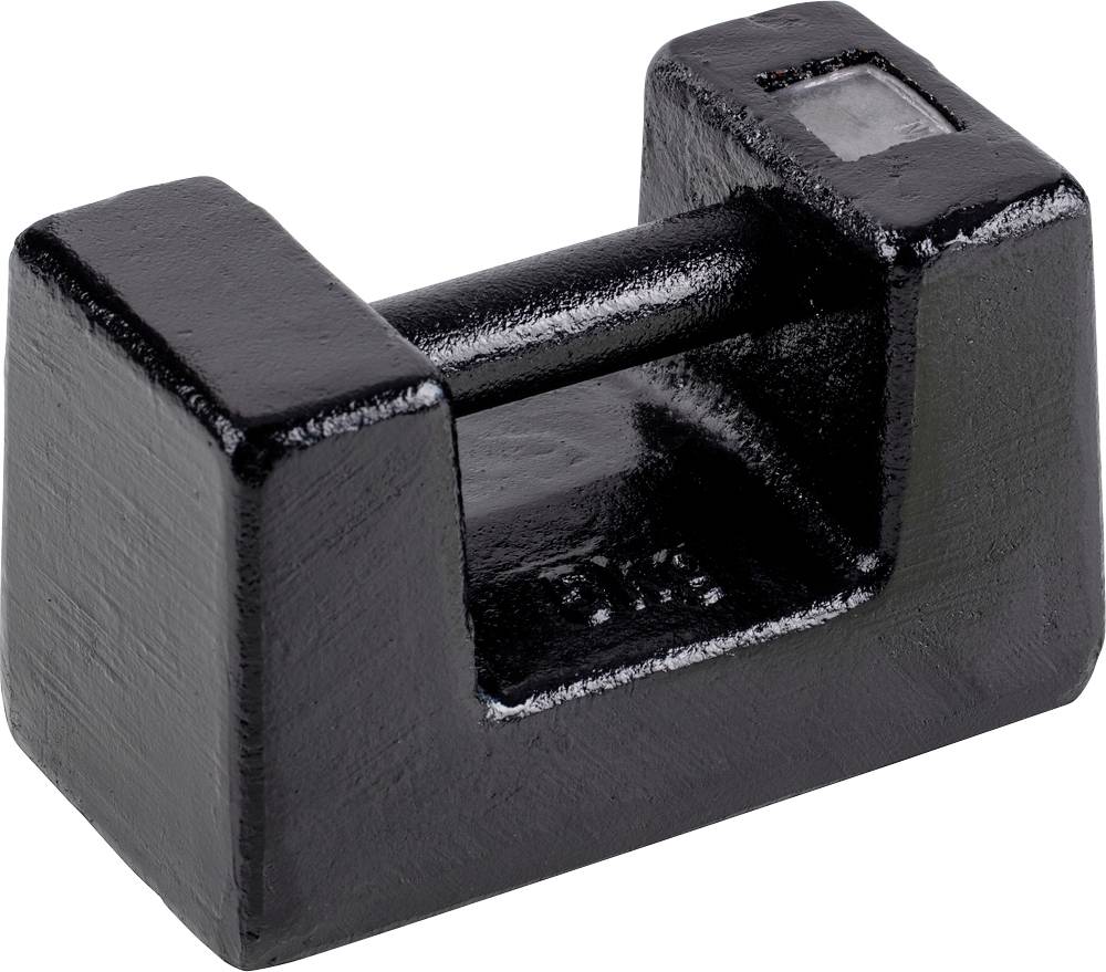 Schwarzes Gusseisen-Gewicht mit rechteckiger Form und einer eingeprägten Markierung von '1 KG', auf einer ebenen Fläche platziert.