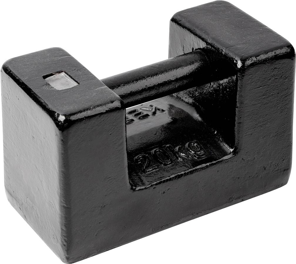 Ein schwarzes Metallgewicht mit 20 kg, rechteckige Form, für industrielle oder gewerbliche Anwendungen geeignet.