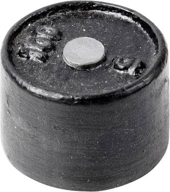 Ein runder, schwarzer Magnet mit einer kleinen silbernen Fläche in der Mitte.
