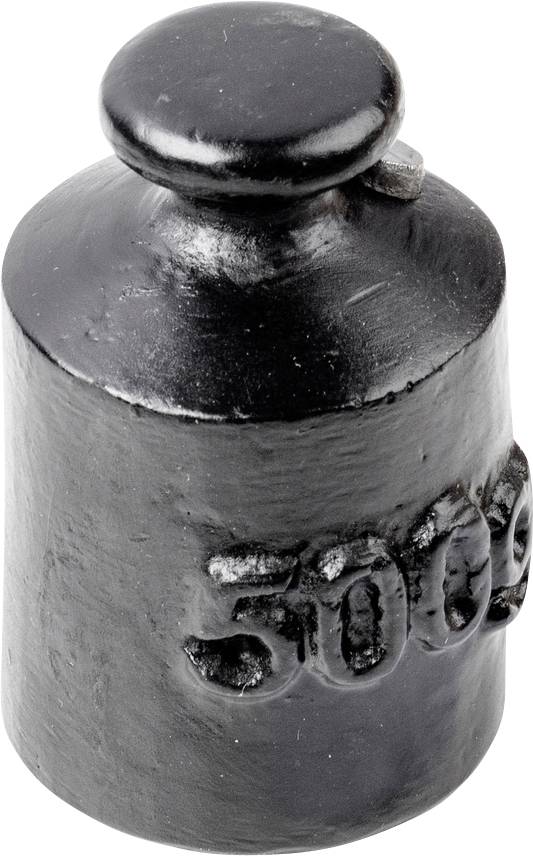 Schwarzes 500g-Gewicht aus Metall mit Aufschrift '500g'. Verwendet für präzise Gewichtsmessungen in wissenschaftlichen oder kulinarischen Kontexten.