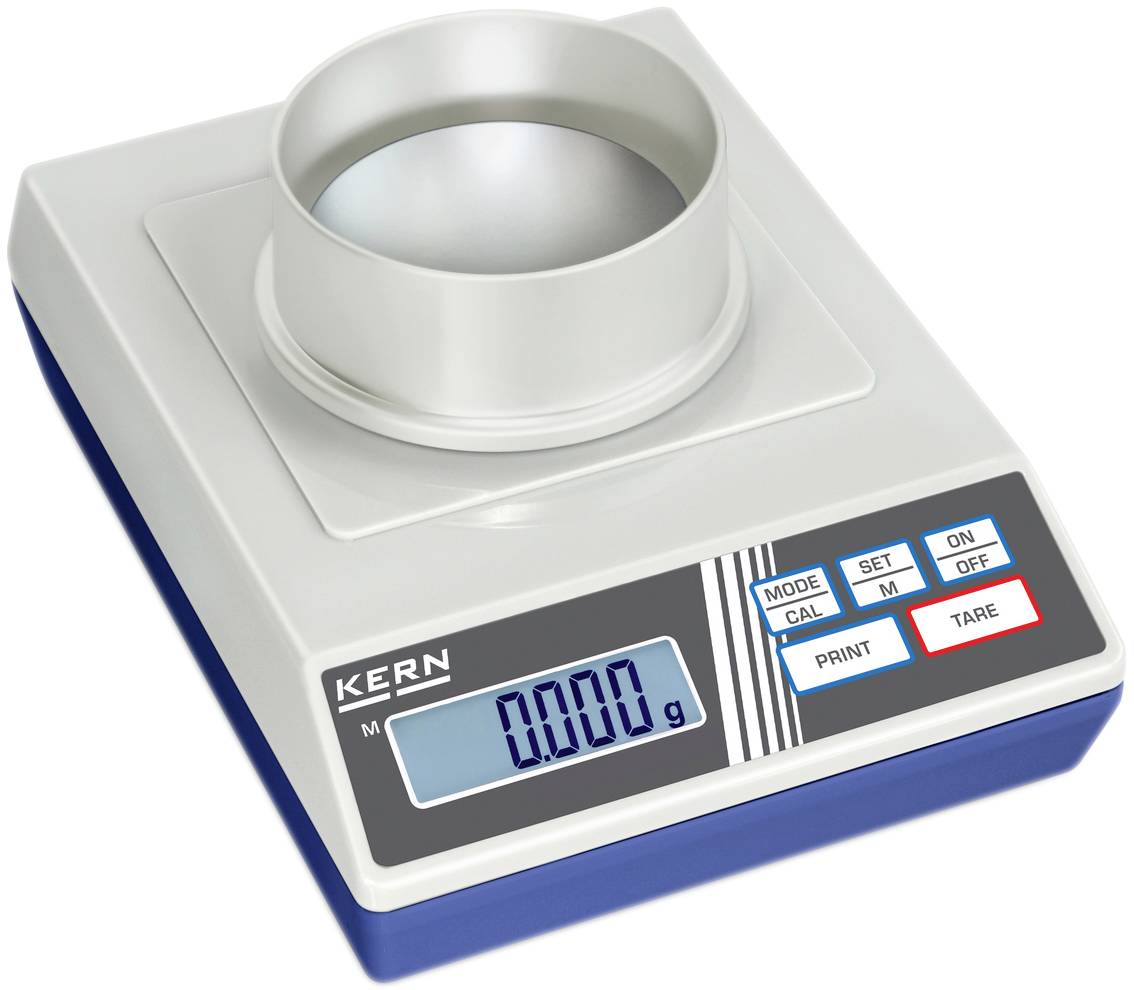 Digitale Waage mit runder Wiegefläche, Display zeigt '0.000 g', fünf Funktionstasten: MODE, SET M, PRINT, TARE, ON/OFF.