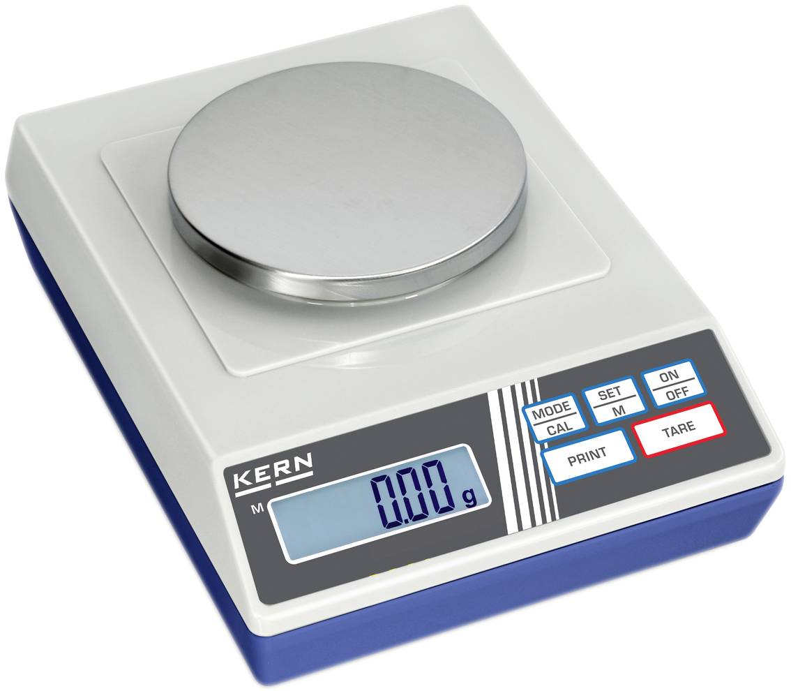 Digitale Küchenwaage mit Edelstahlwiegefläche, LCD-Display zeigt '0,00 g'. Tasten für Modus, Kalibrierung, Tara, Ein/Aus und Drucken.