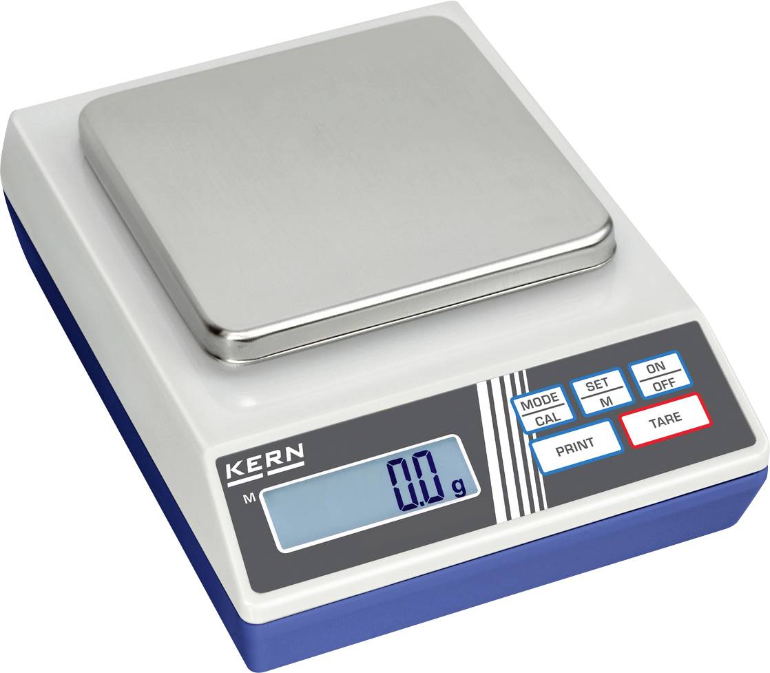 Digitale Waage mit LCD-Display, zeigt '0.0 g'. Bedienelemente: 'Mode', 'CAL', 'SET M', 'Print', 'On/Off', und 'Tare'.
