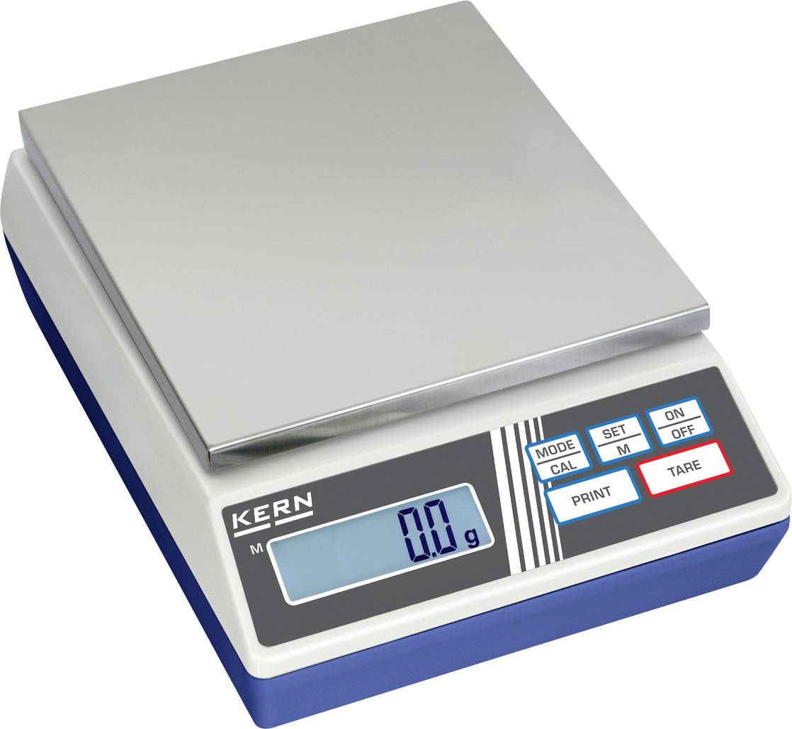 Digitale Waage mit Displayanzeige, zeigt '0.0 g', Tasten für Modus, Kalibrierung, Tara und Druckfunktion.