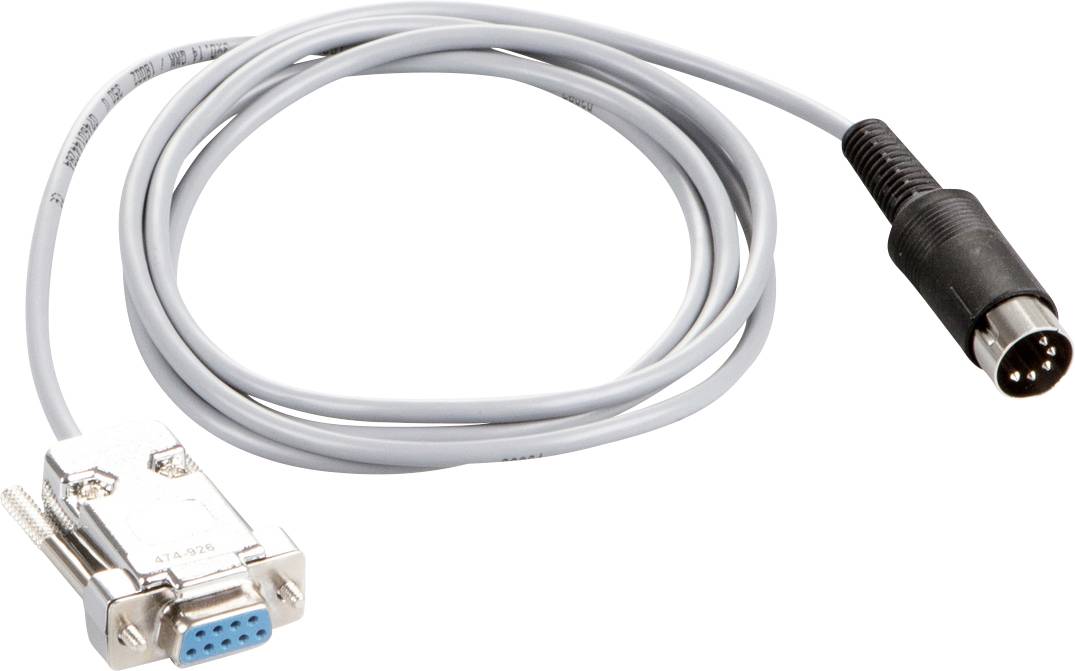 Ein graues Kabel mit einem 9-poligen D-Sub-Stecker auf der einen Seite und einem 5-poligen DIN-Stecker auf der anderen Seite.