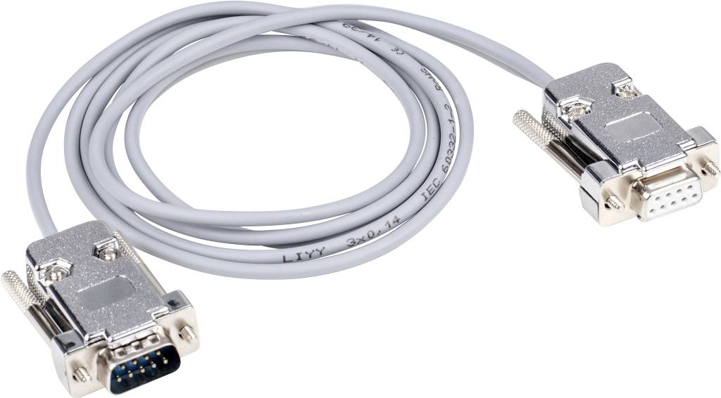 Serielles RS-232-Kabel, grau, mit zwei metallischen Steckern: einem 9-poligen Stecker und einer 9-poligen Buchse, verbunden durch ein flexibles Kabel.