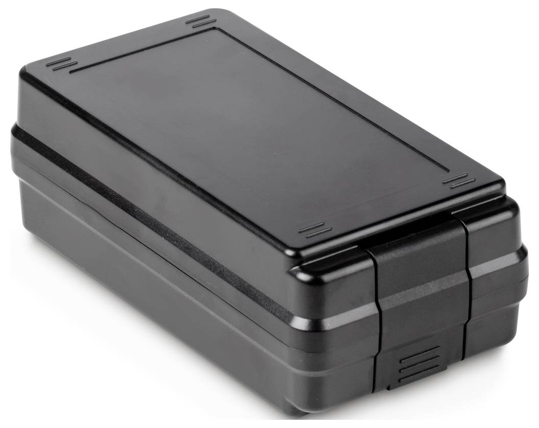 Schwarze rechteckige Kunststoffbox mit Klappdeckel, geeignet für Aufbewahrung oder Transport kleinerer Gegenstände.
